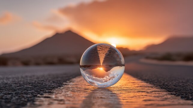 A glowing sunset in Lanzarote seen through a lens ball on a road, with warm skies and dreamy light creating a romantic and surreal atmosphere.