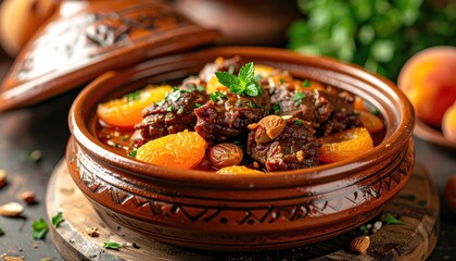 Rich Beef and Orange Stew in a Decorative Tagine Bowl Garnished with Mint and Parsley