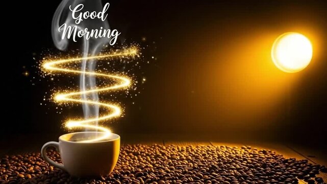 Cinematic Coffee Cup with Golden Spiral Steam and Good Morning Text