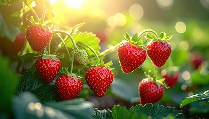 Ripe Red Strawberries Growing On The Plant In Soft Golden Sunlight With Bokeh Background
