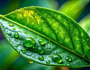 Macro Close-up of Fresh Green Leaf with Water Drops