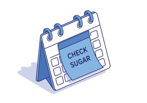 A stylized calendar with a sticky note reminding to check sugar levels.