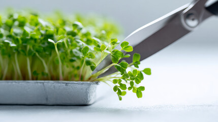 Close-up of fresh green microgreens being carefully trimmed with scissors in a shallow container on a light surface with soft background