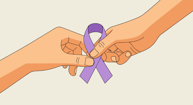 A flat modern cartoon illustration of hands holding purple ribbon