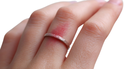PNG of A close-up of a hand with a silver ring and a touch of red powder, highlighting beauty and elegance.