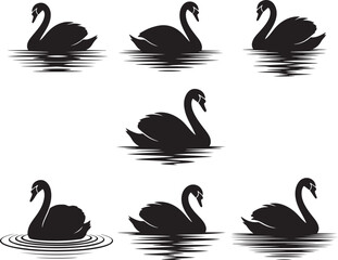 Elegant Monochrome Black Swans on White Background with Stylized Water Lines