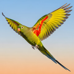 Australian Ringneck Parrot in Flight with Olive Green and Yellow Plumage Against Gradient Sky