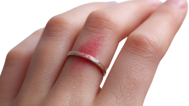 PNG of A close-up of a hand with a silver ring and a touch of red powder, highlighting beauty and elegance.