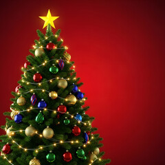 Vibrant Christmas Tree with Red, Gold, and Blue Ornaments on a Deep Red Background