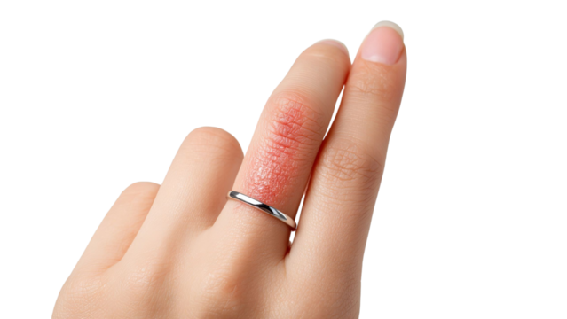PNG of Close-up of a female hand with a silver ring on a finger showing dry and irritated skin.