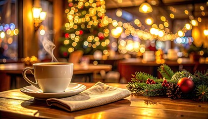 Steaming Cup of Coffee on a Wooden Table with Christmas Decorations and Bokeh Lights in the Background
