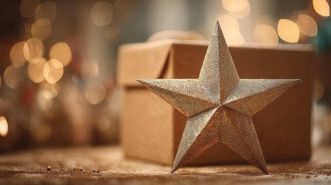 Gold star is sitting on a table next to a brown box - Powered by Adobe
