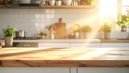 Sunlight Streams Through a Bright Modern Kitchen Countertop With Potted Plants And Cooking Utensils