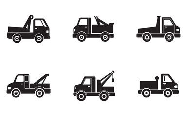 Collection of Tow Truck Icons on White Background in Black Silhouette Style for Transportation and Recovery Services