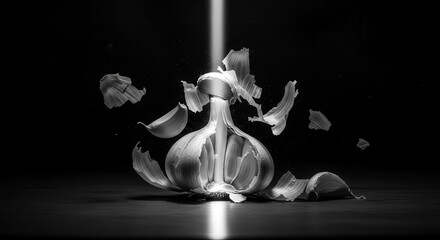 Dramatic Black And White Image Of Garlic Head With Light Beam Illuminating, And Cloves