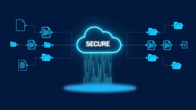 glowing neon Cloud computing concept "SECURE" digital data, files, folders. Secure, fast information transfer, storage, Modern technology, network, cybersecurity, on a transparent background.