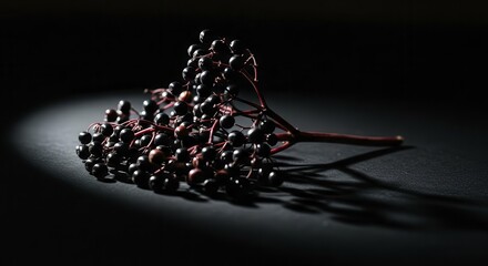 Dramatic Botanical Study of Elderberries Illuminated Against a Dark Backdrop