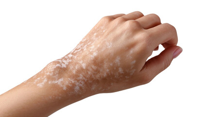 PNG of A close-up of a hand with vitiligo, showcasing areas of lighter skin against a darker background.