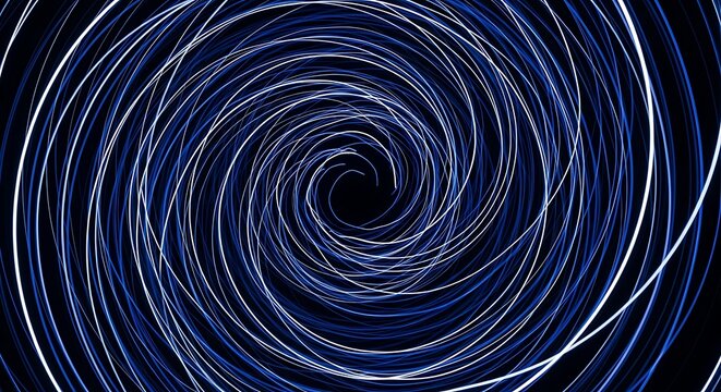 Abstract digital art of a hypnotic blue and white spiral vortex on a black background.
