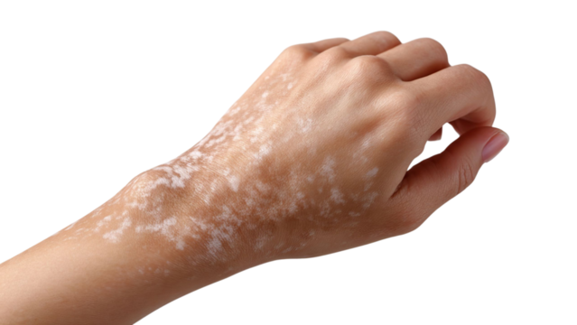 PNG of A close-up of a hand with vitiligo, showcasing areas of lighter skin against a darker background.
