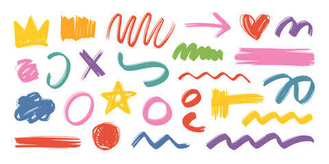 Colorful Hand Drawn Scribble Shapes and Symbols on Black Background graphic design