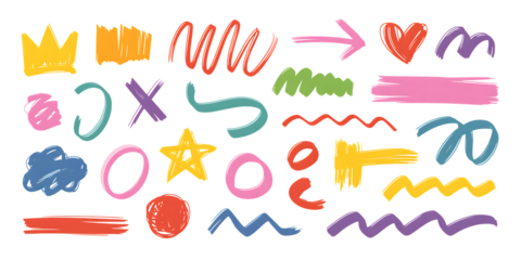 Colorful Hand Drawn Scribble Shapes and Symbols on Black Background graphic design