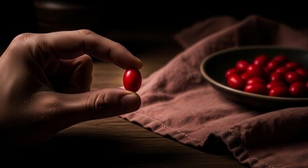 Dramatic Close Up Of A Hand Holding A Red Berry Above Bowl With Berries