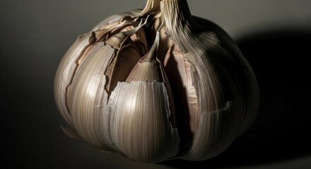 Dramatic Close Up Of An Unpeeled Garlic Bulb Illuminated With Creative Lighting