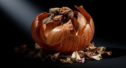 Dramatic Close Up Of Brown Onion Bulb With Peeling Layers Against A Black Background