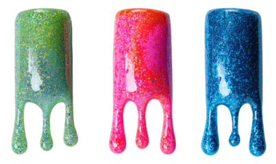 Three dripping, glitter-covered blobs in vibrant colors