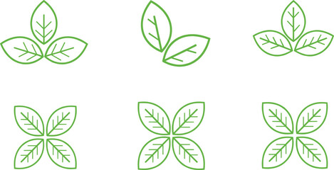Green outlined leaf icons set, minimal botanical vector design, eco nature symbol collection for organic, herbal, and natural branding