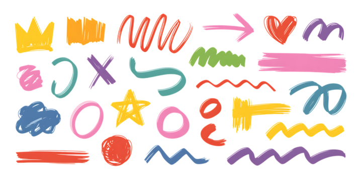 Colorful Hand Drawn Scribble Shapes and Symbols on Black Background graphic design