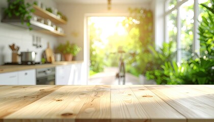 Sunlit Kitchen Interior With Abundant Greenery And A Wooden Table In The Foreground