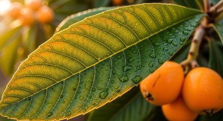 Dramatic Close Up Of Orange Fruit and a Wet Leaf in the Warm Sun