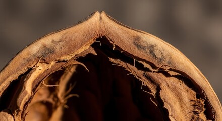 Dramatic Closeup of an Empty Pecan Shell Revealing Intricate Textures and Details
