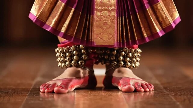 Close Up of Bare Feet Painted Red With Ankle Bells on Wooden Floor During Classical Indian Dance
