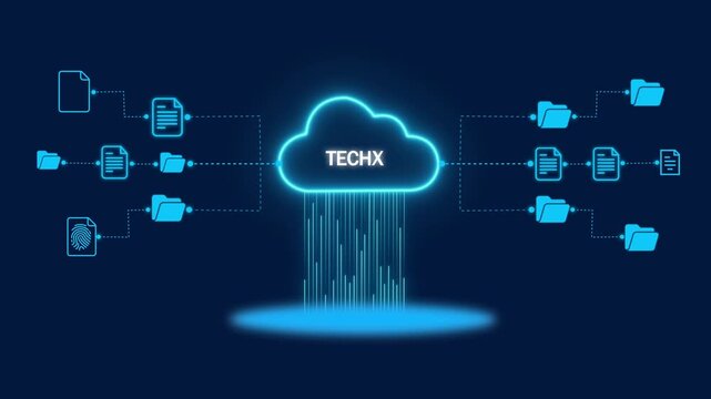 glowing neon Cloud computing concept "TECHX" digital data, files, folders. Secure, fast information transfer, storage, Modern technology, network, cybersecurity, on a transparent background.