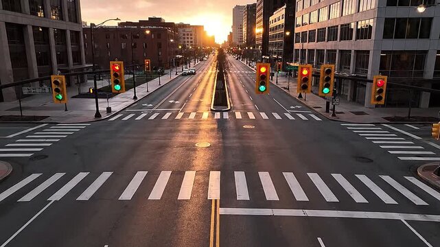 Overhead shot of an empty intersection, traffic lights cycling.