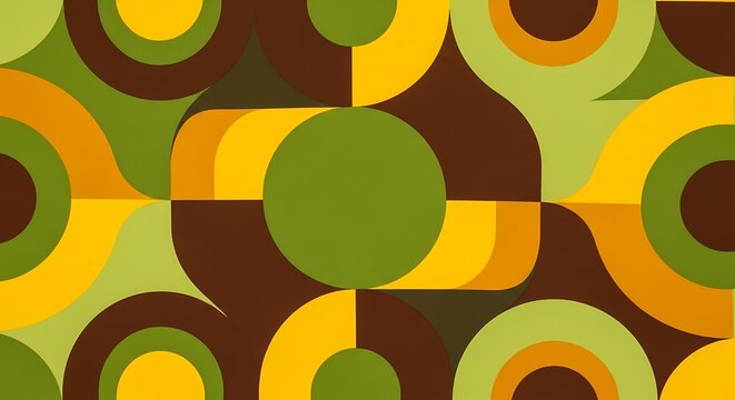 A retro 70s style geometric pattern with circles and curves in shades of green, yellow, and brown. - Powered by Adobe