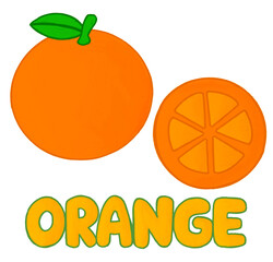 Bright orange fruit with leaf and slice in cute cartoon style. Perfect for kids' learning, food design, and fruit illustration sets.