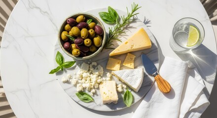 Elegant Cheese And Olive Arrangement With Herbs And A Refreshing Drink On A Marble Table