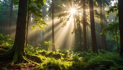 Sunrise Through Misty Forest Canopy with Golden Sunbeams Illuminating Lush Green Foliage and Ferns in Morning Light