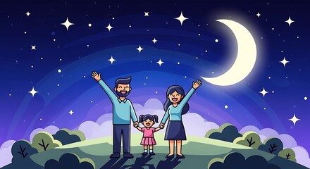 Family Under the Moonlight - A Nighttime Adventure.
