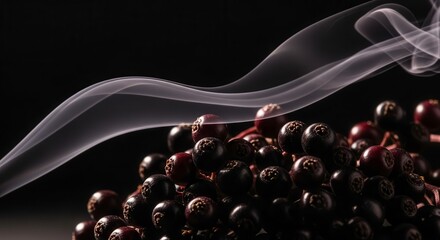 Elegant Close Up Of Elderberries with Wisps Of Smoke on Black Background