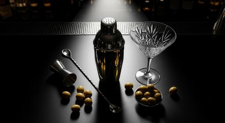 Elegant Cocktail Arrangement Featuring Martini Glass, Shaker, Olives, And Bar Tools