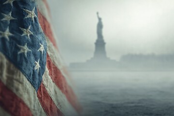 Fototapeta premium American Flag with Statue of Liberty in Foggy Background