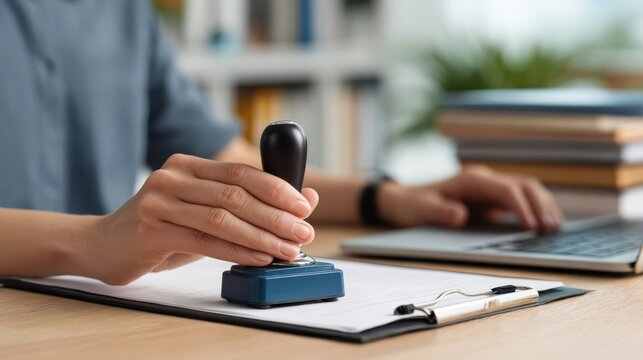 Person stamping document on clipboard with laptop and books in background