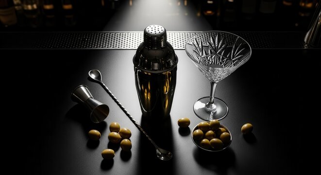 Elegant Cocktail Arrangement Featuring Martini Glass, Shaker, Olives, And Bar Tools