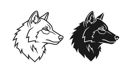 Obraz premium Two detailed side profiles of a wolf's head, one outlined and the other filled in black.