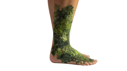 PNG of A unique concept of nature-inspired body art featuring green foliage on a bare foot, showcasing creativity and environmental theme.